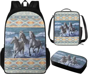 Aztec Horse 3 Pcs Backpacks Set School Backpack Kids Boys 2nd Grade Student Bookbag and Lunch Box Pencil Case Cool School Bag for Preschool Primary Elementary Middle School