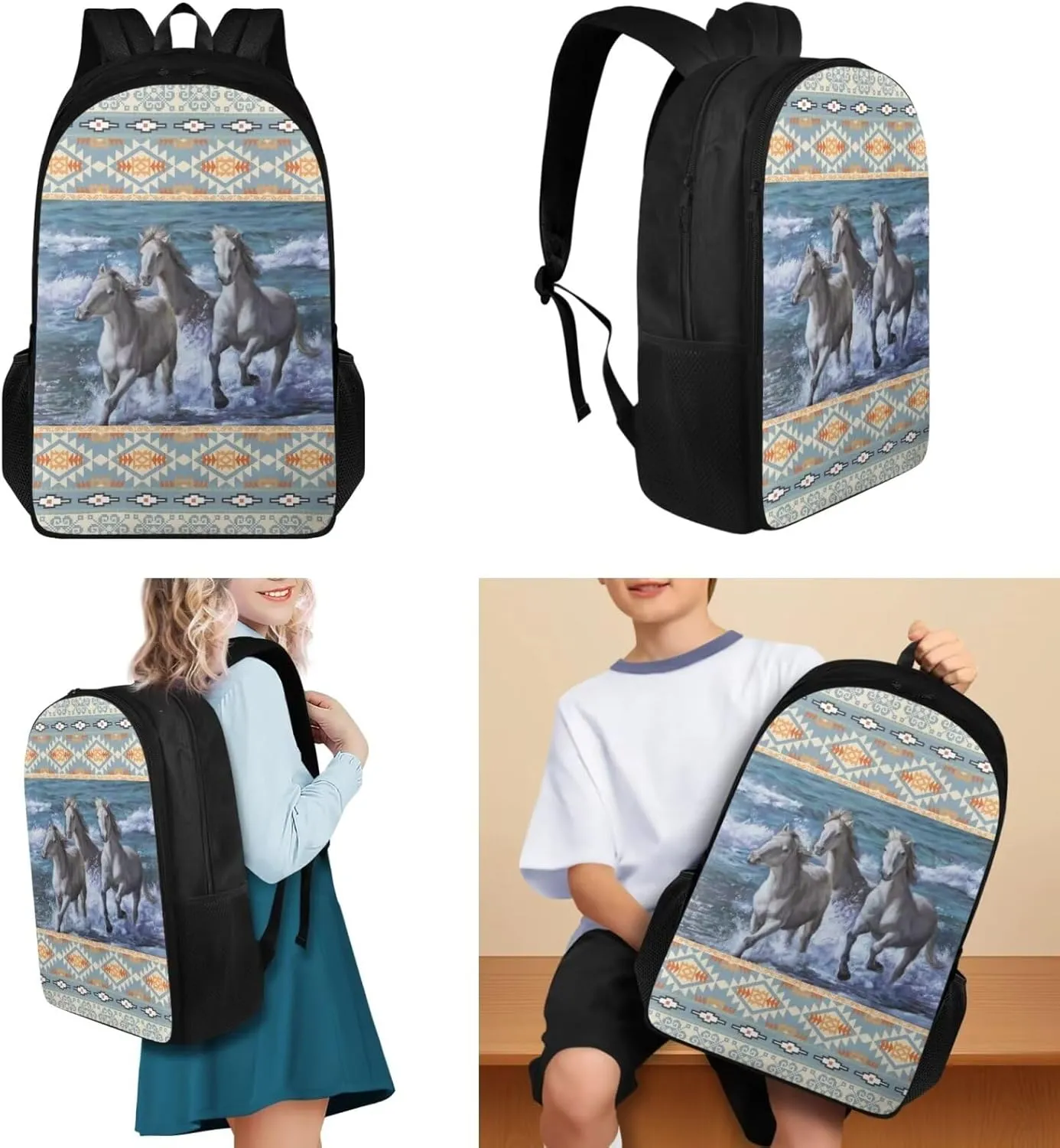 Aztec Horse 3 Pcs Backpacks Set School Backpack Kids Boys 2nd Grade Student Bookbag and Lunch Box Pencil Case Cool School Bag for Preschool Primary Elementary Middle School