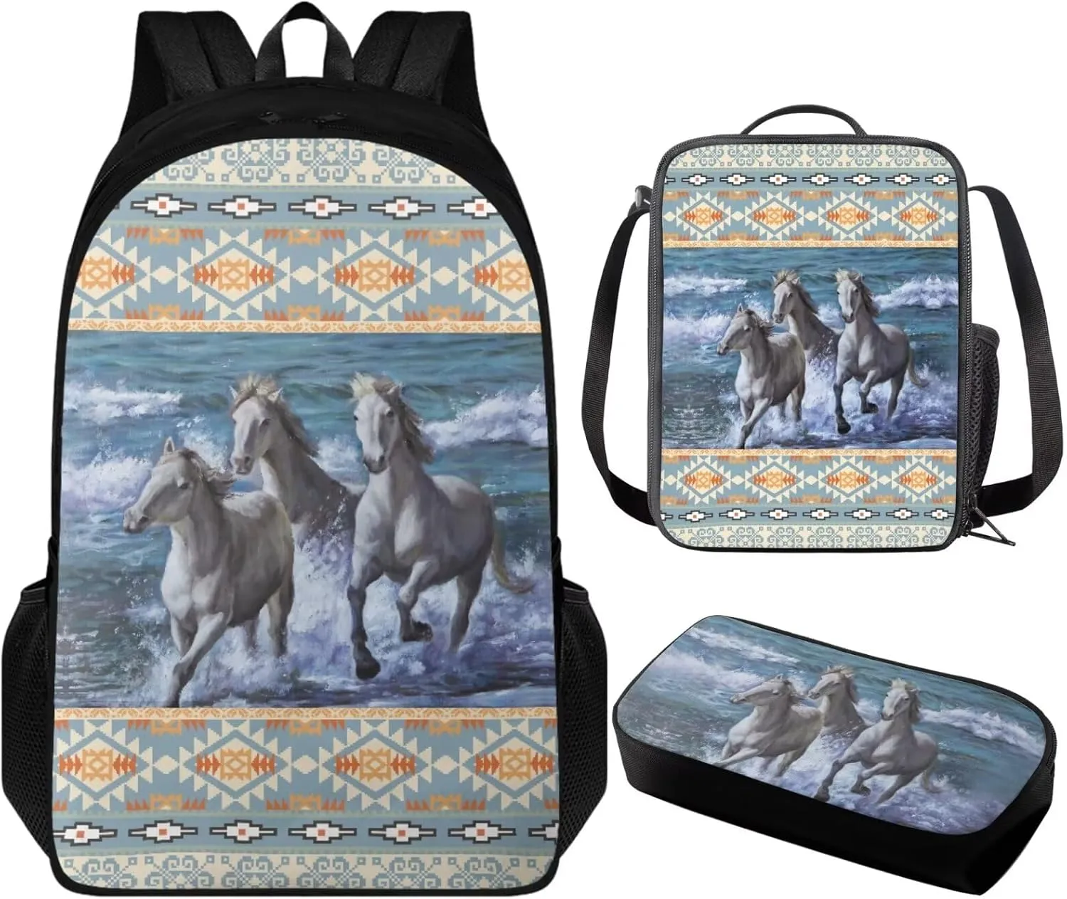 Aztec Horse 3 Pcs Backpacks Set School Backpack Kids Boys 2nd Grade Student Bookbag and Lunch Box Pencil Case Cool School Bag for Preschool Primary Elementary Middle School