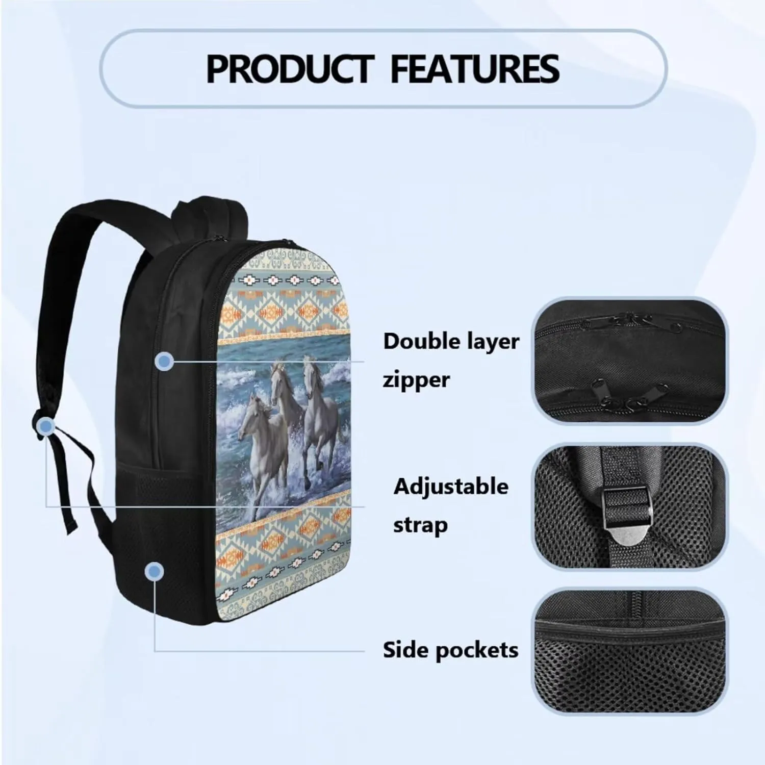 Aztec Horse 3 Pcs Backpacks Set School Backpack Kids Boys 2nd Grade Student Bookbag and Lunch Box Pencil Case Cool School Bag for Preschool Primary Elementary Middle School