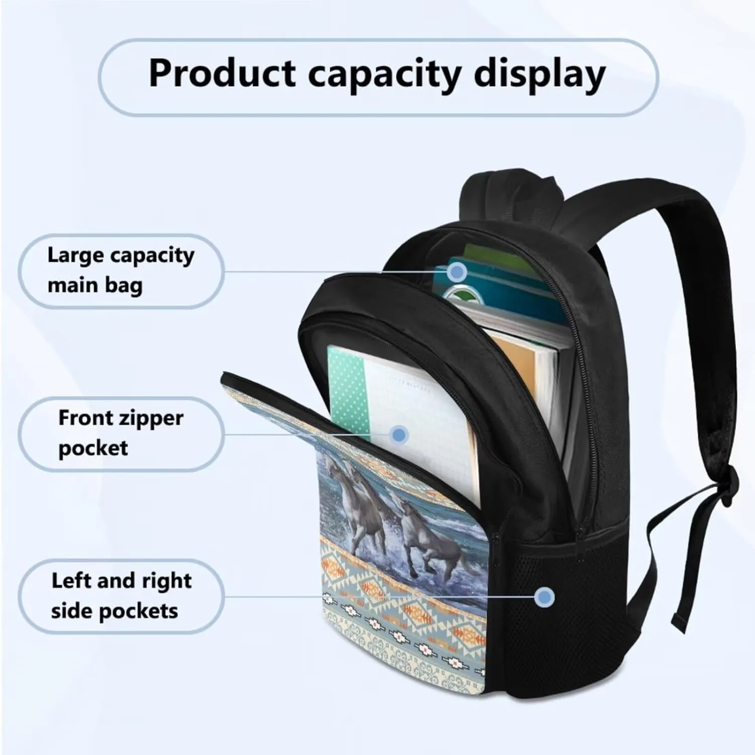 Aztec Horse 3 Pcs Backpacks Set School Backpack Kids Boys 2nd Grade Student Bookbag and Lunch Box Pencil Case Cool School Bag for Preschool Primary Elementary Middle School