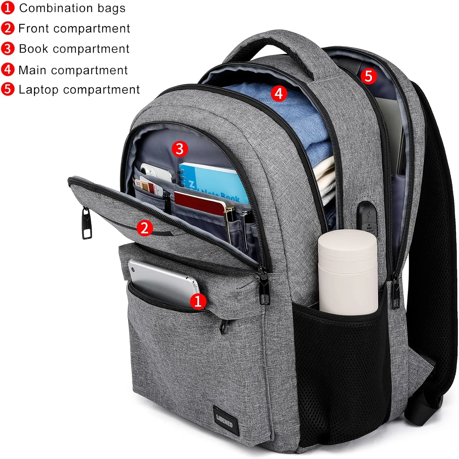 Backpack for Men, School Backpack for Teen Boys,15.6 inch Laptop Back Pack for High School and College Students with USB Charging Port, Computer Bookbag, Grey