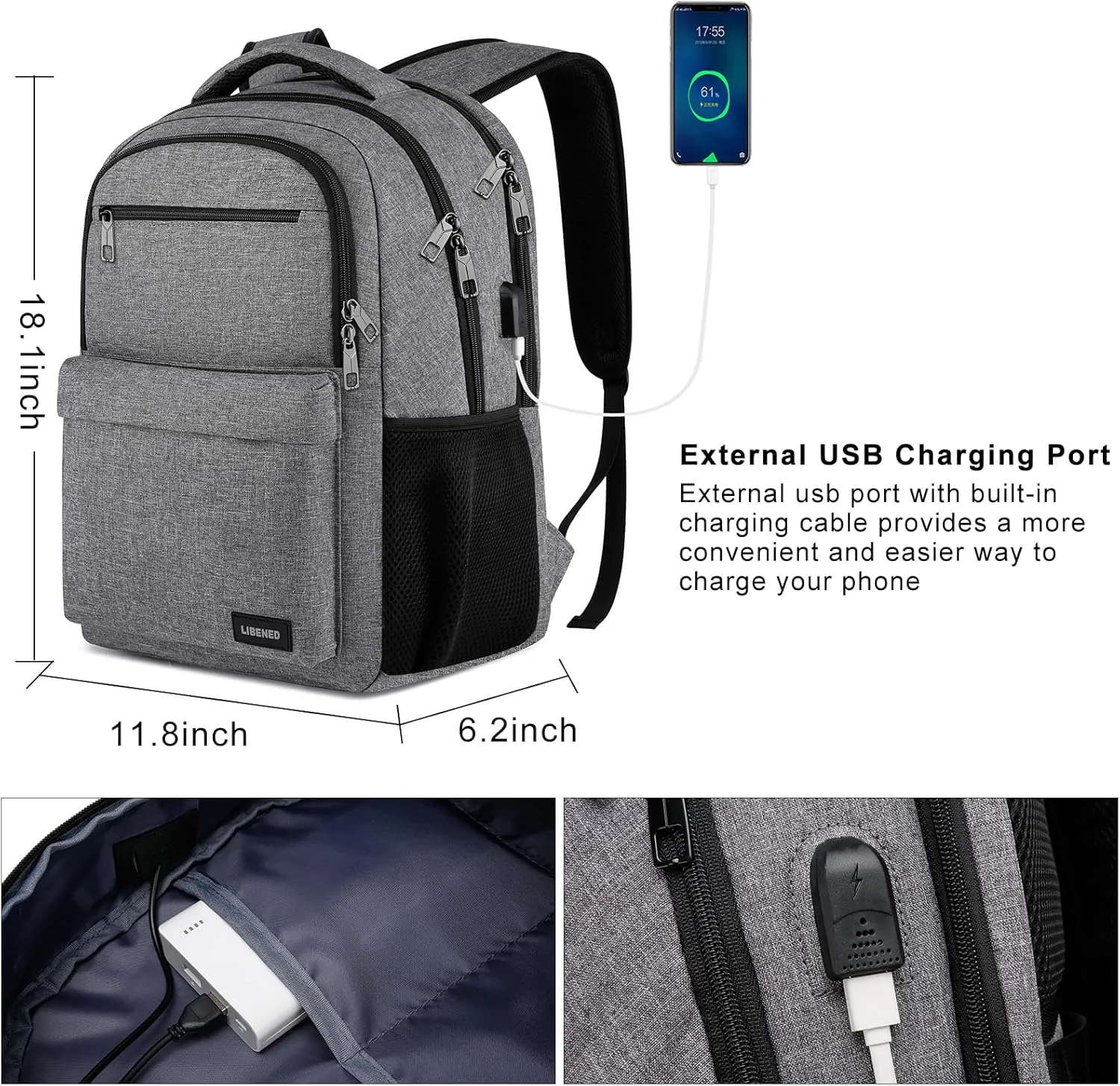 Backpack for Men, School Backpack for Teen Boys,15.6 inch Laptop Back Pack for High School and College Students with USB Charging Port, Computer Bookbag, Grey