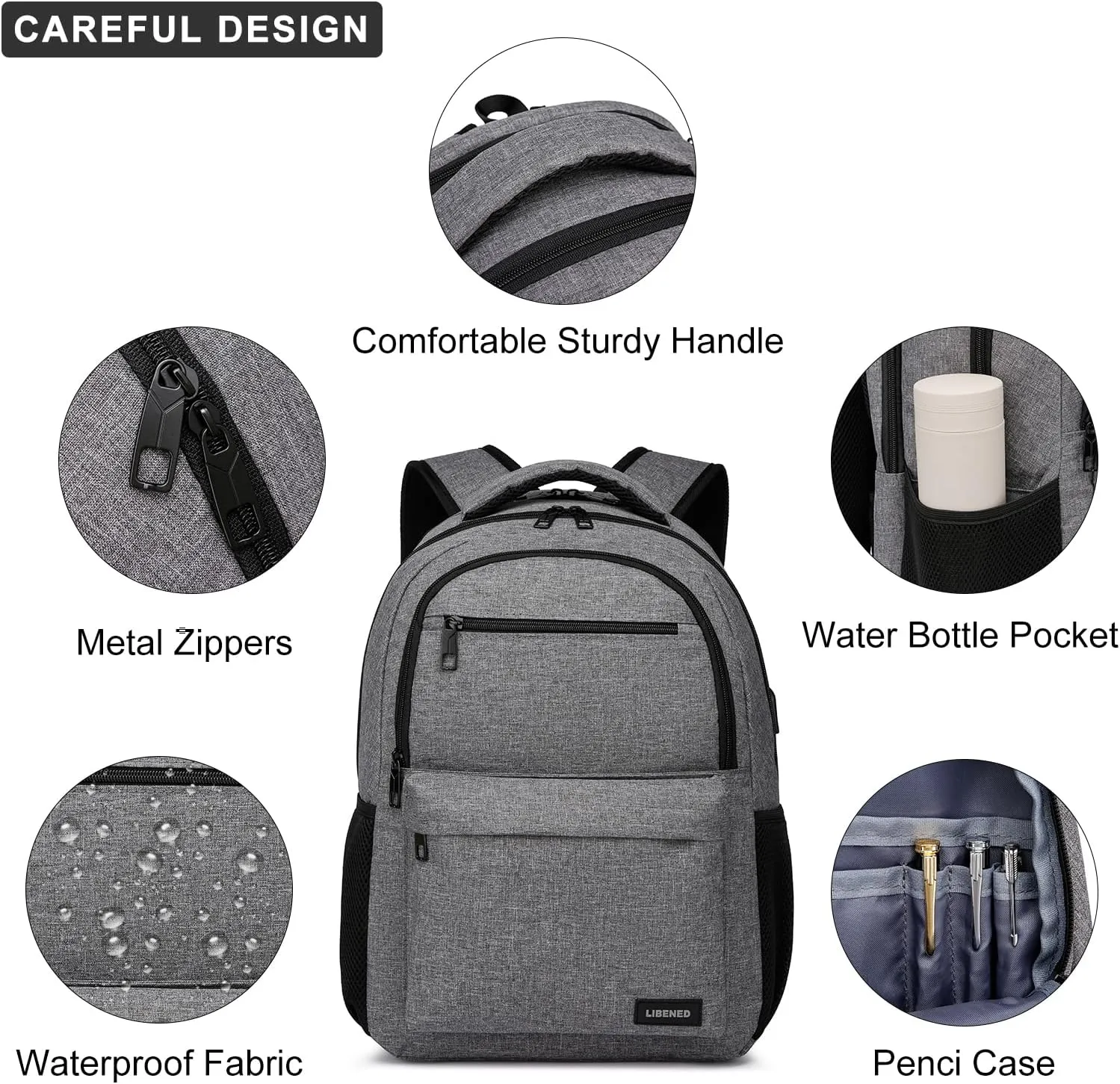 Backpack for Men, School Backpack for Teen Boys,15.6 inch Laptop Back Pack for High School and College Students with USB Charging Port, Computer Bookbag, Grey