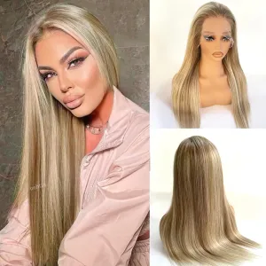 Balayage Ash Blonde Wig Human Hair Lace Front Wigs 28 Inch Ash Brown Balayage Ash Blonde Highlights Human Hair Glueless Wigs Pre Plucked HD 13x4 Lace Frontal Human Hair Wigs for Women 180% Density