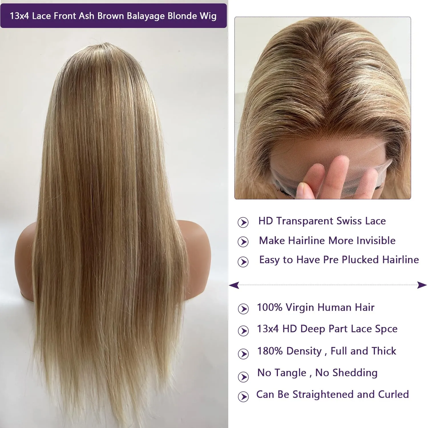 Balayage Ash Blonde Wig Human Hair Lace Front Wigs 30 Inch Ash Brown Balayage Ash Blonde Highlights Human Hair Glueless Wigs Pre Plucked HD 13x4 Lace Frontal Human Hair Wigs for Women 180% Density