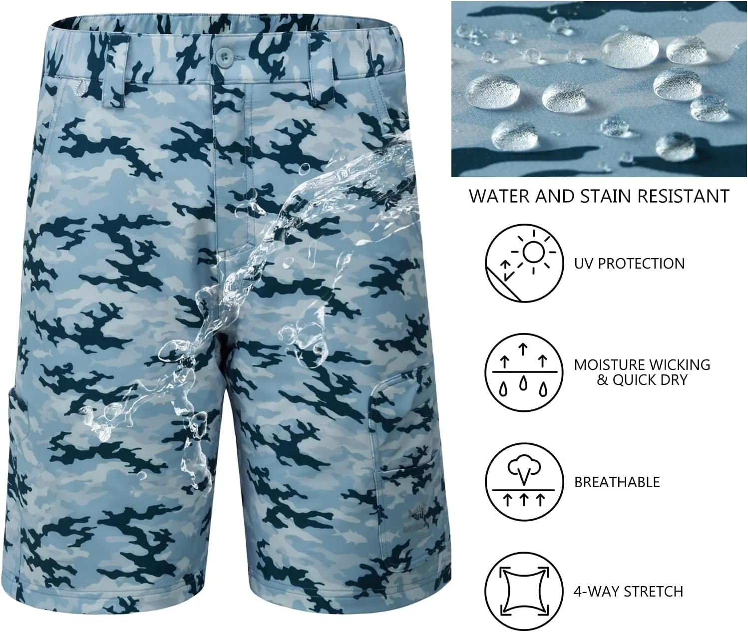 BASSDASH 10.5” Mens Fishing Cargo Shorts Quick Dry UPF 50  Water Resistant FP01M