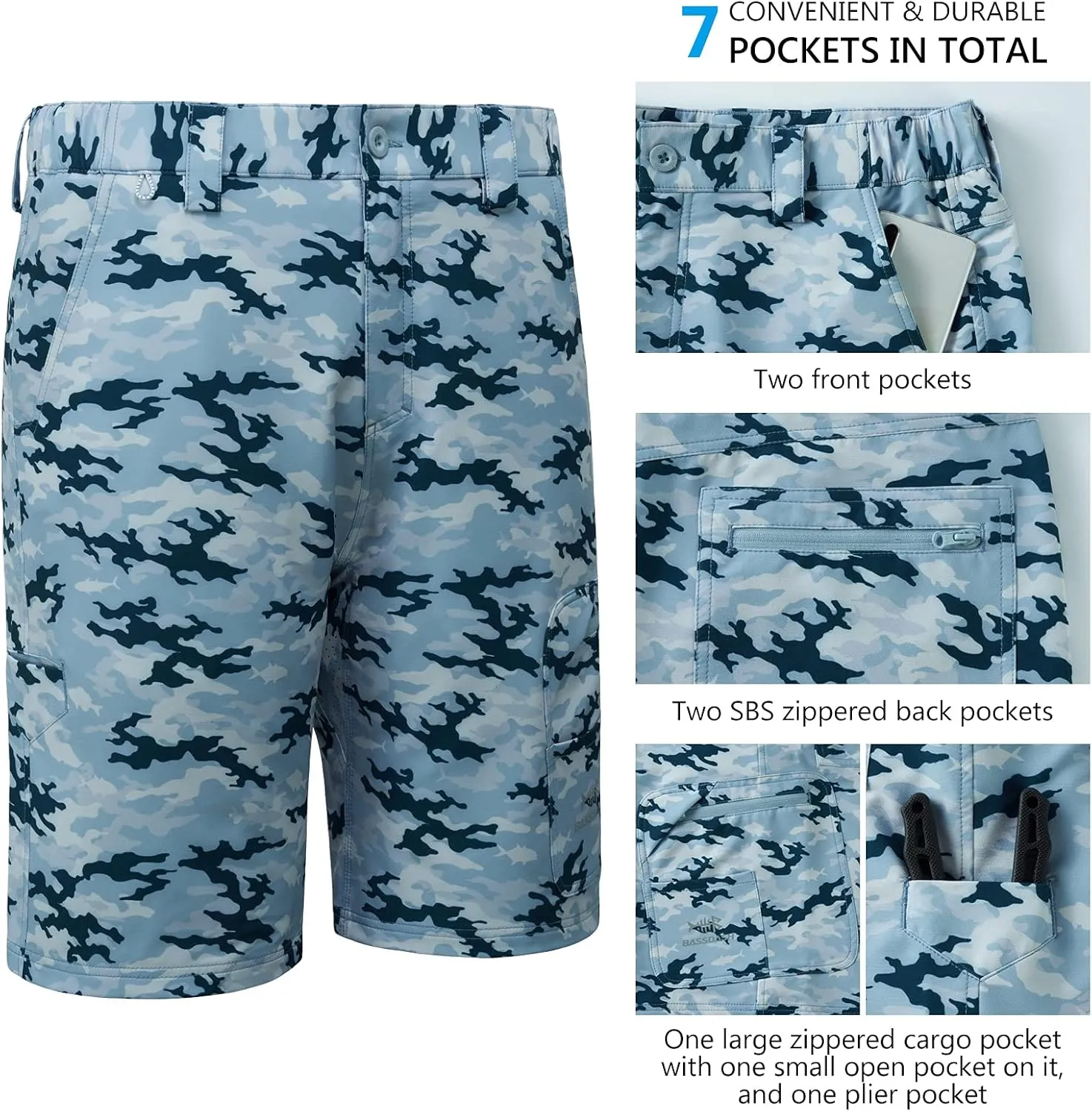 BASSDASH 10.5” Mens Fishing Cargo Shorts Quick Dry UPF 50  Water Resistant FP01M