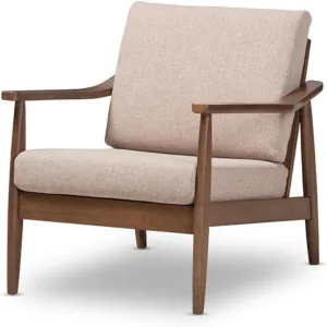 Baxton Studio Venza Mid-Century Modern Walnut Wood Light Brown Fabric Upholstered Lounge Chair