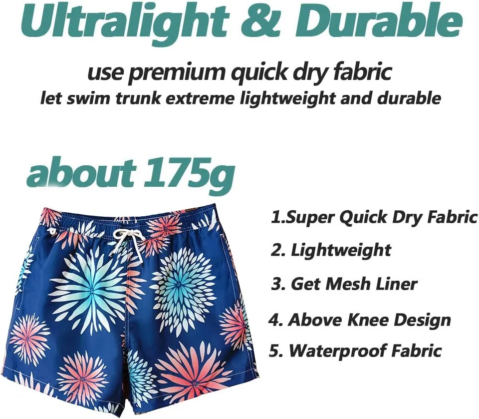 Beach Shorts Swim Trunks Quick Dry Men's Bathing Suit with Mesh Lining/Side Pockets