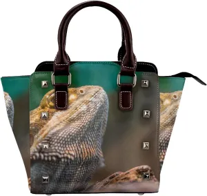 Bearded Dragon Reptile Women Leather Handbag Rivet Shoulder Bag Top Handle Satchel Purse