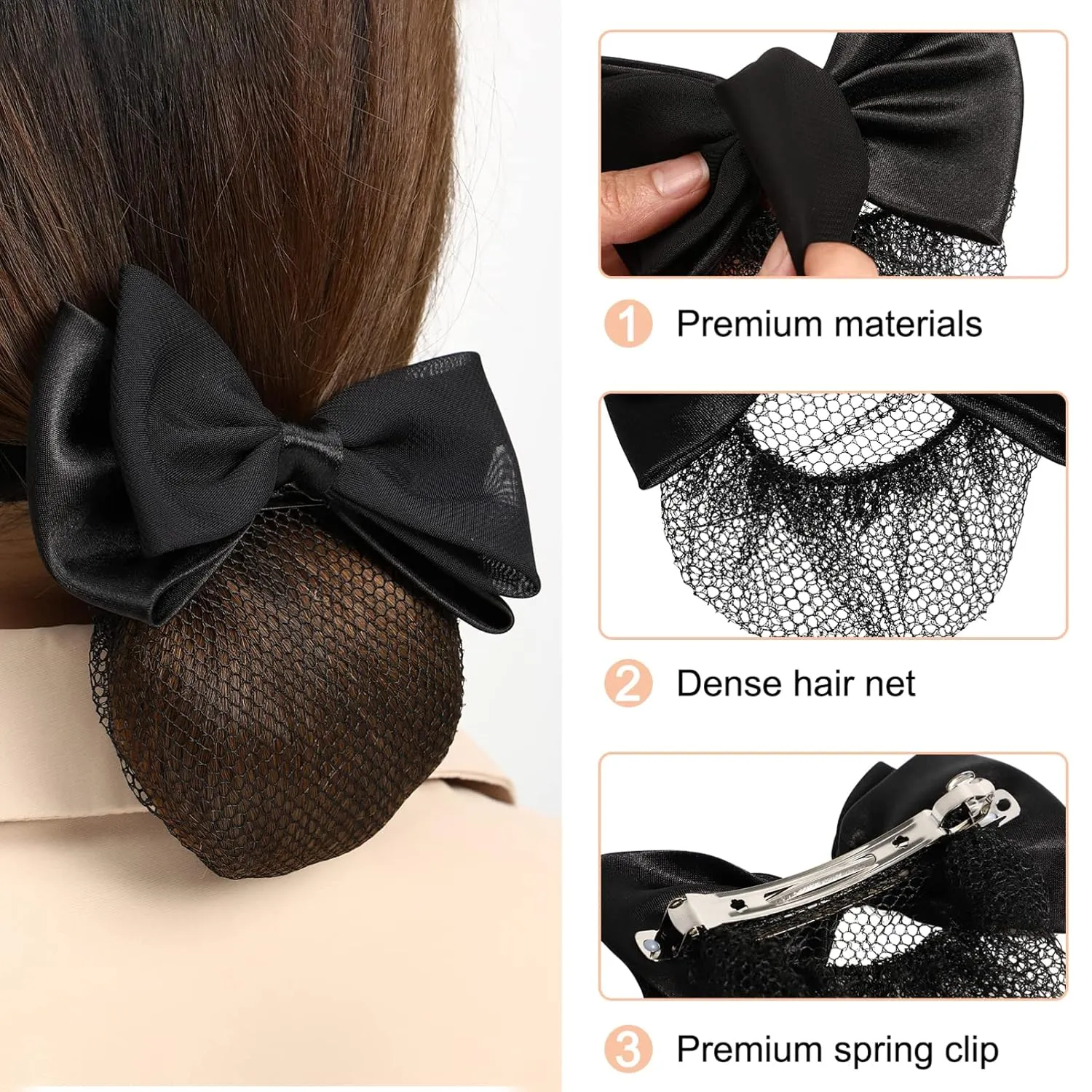 Beaupretty 8 Pieces Women Hair Bun Cover Net Hair Snood Net Barrette Mesh Clip Elastic Butterfly Bun Bow Headdress (Black)
