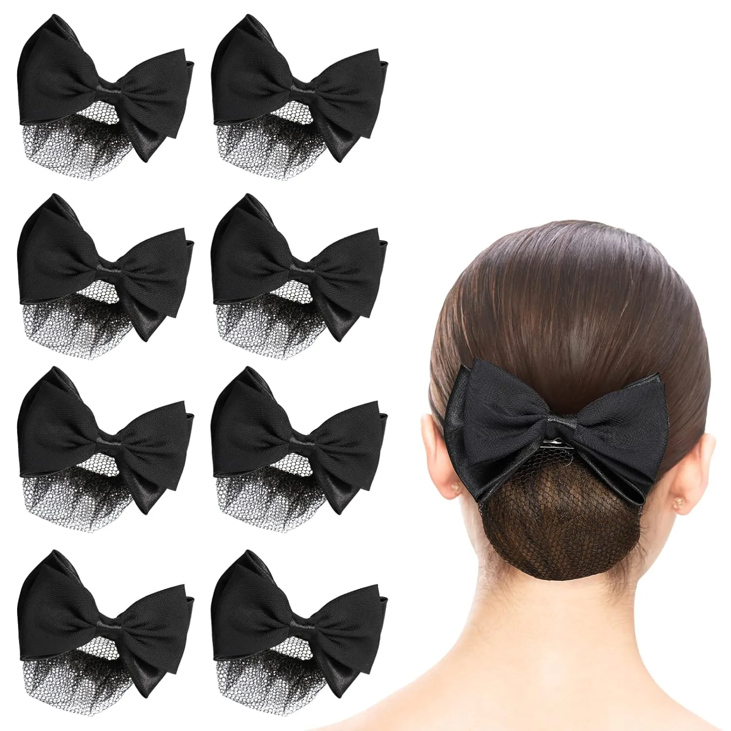 Beaupretty 8 Pieces Women Hair Bun Cover Net Hair Snood Net Barrette Mesh Clip Elastic Butterfly Bun Bow Headdress (Black)