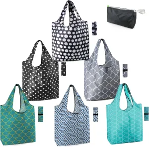 BeeGreen Geometry Reusable Grocery Bags Bulk 6 Packs X-Large, Reusable Shopping Bags Foldable for Groceries, Vegetables, Fruits Watertight Bulk Tote Bags Washable For Women and Men