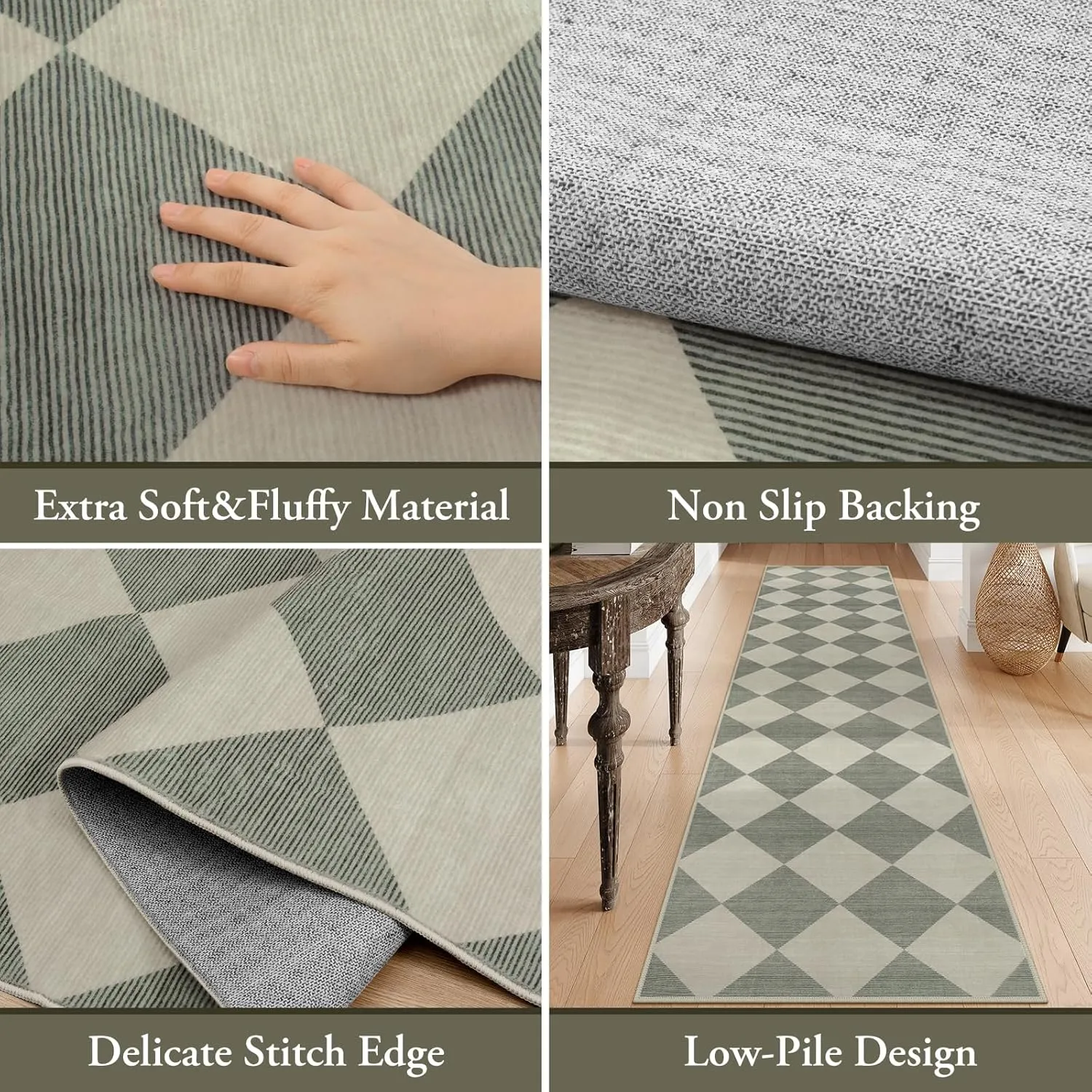 Beeiva Checkered Washable Entryway Rug 2x3, Non Slip Ultra Thin Green Front Door Mat Indoor Entrance Low Pile Small Kitchen Rug, Moroccan Neutral Throw Carpet for Bedroom Bathroom Laundry (2'x3')