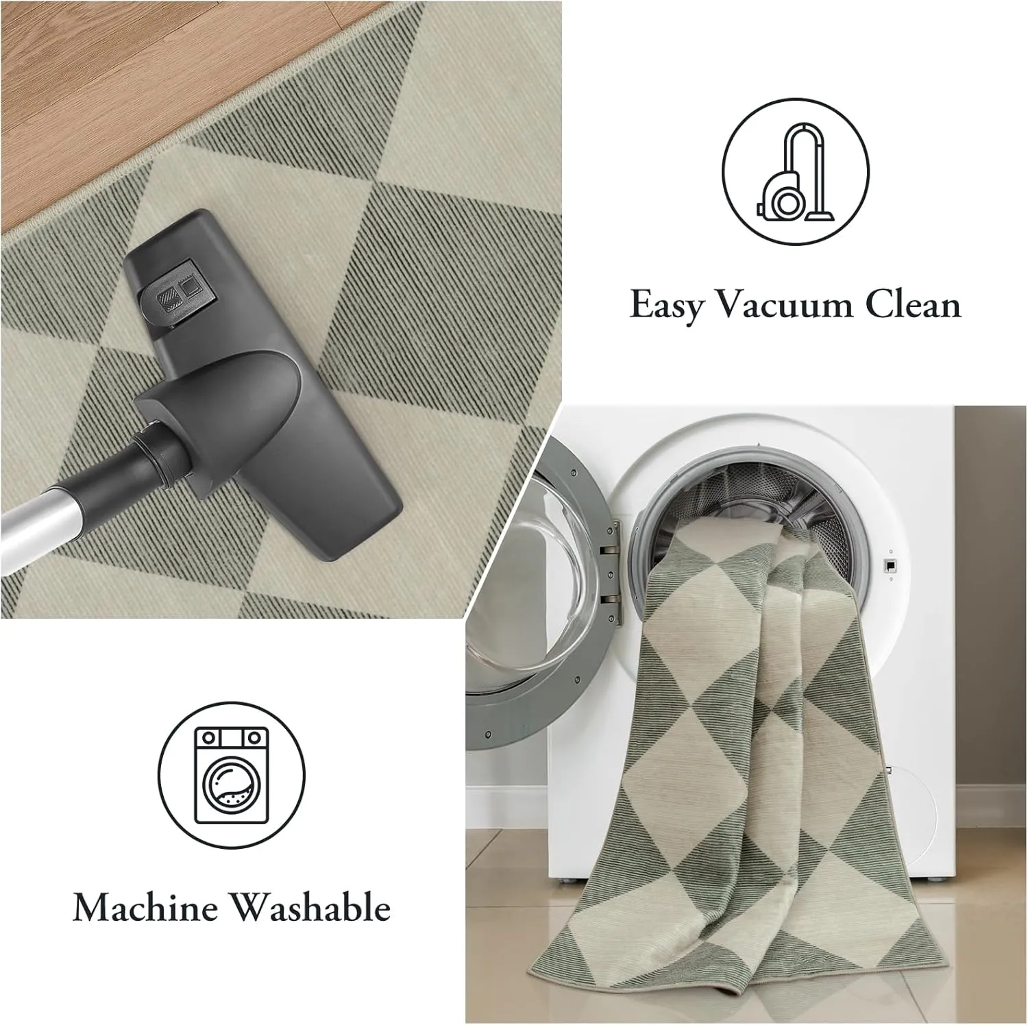 Beeiva Checkered Washable Entryway Rug 2x3, Non Slip Ultra Thin Green Front Door Mat Indoor Entrance Low Pile Small Kitchen Rug, Moroccan Neutral Throw Carpet for Bedroom Bathroom Laundry (2'x3')