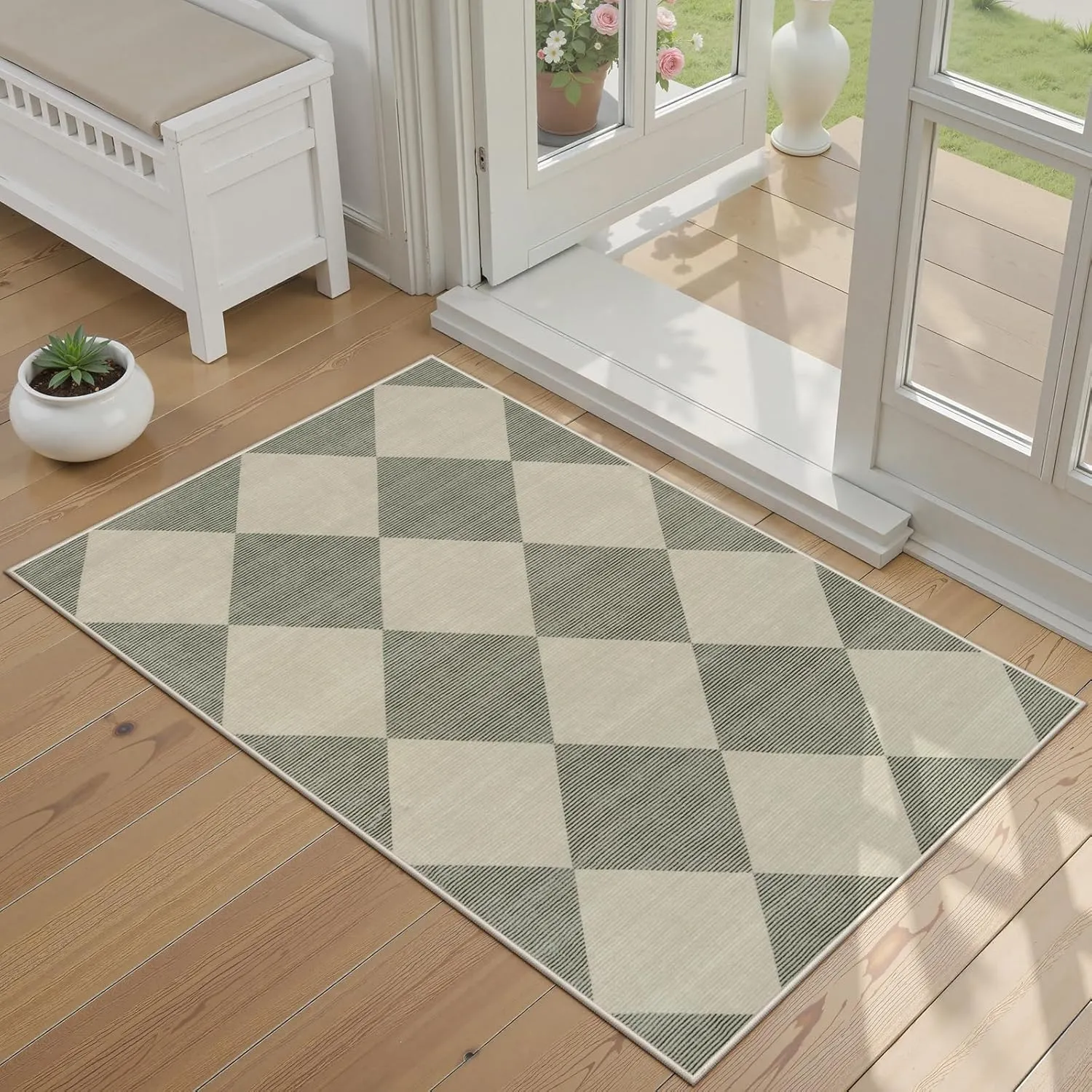Beeiva Checkered Washable Entryway Rug 2x3, Non Slip Ultra Thin Green Front Door Mat Indoor Entrance Low Pile Small Kitchen Rug, Moroccan Neutral Throw Carpet for Bedroom Bathroom Laundry (2'x3')