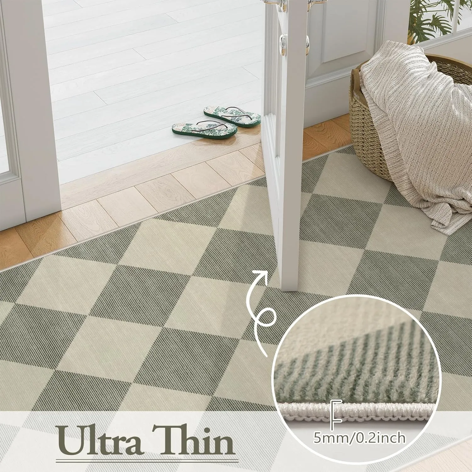 Beeiva Checkered Washable Entryway Rug 2x3, Non Slip Ultra Thin Green Front Door Mat Indoor Entrance Low Pile Small Kitchen Rug, Moroccan Neutral Throw Carpet for Bedroom Bathroom Laundry (2'x3')