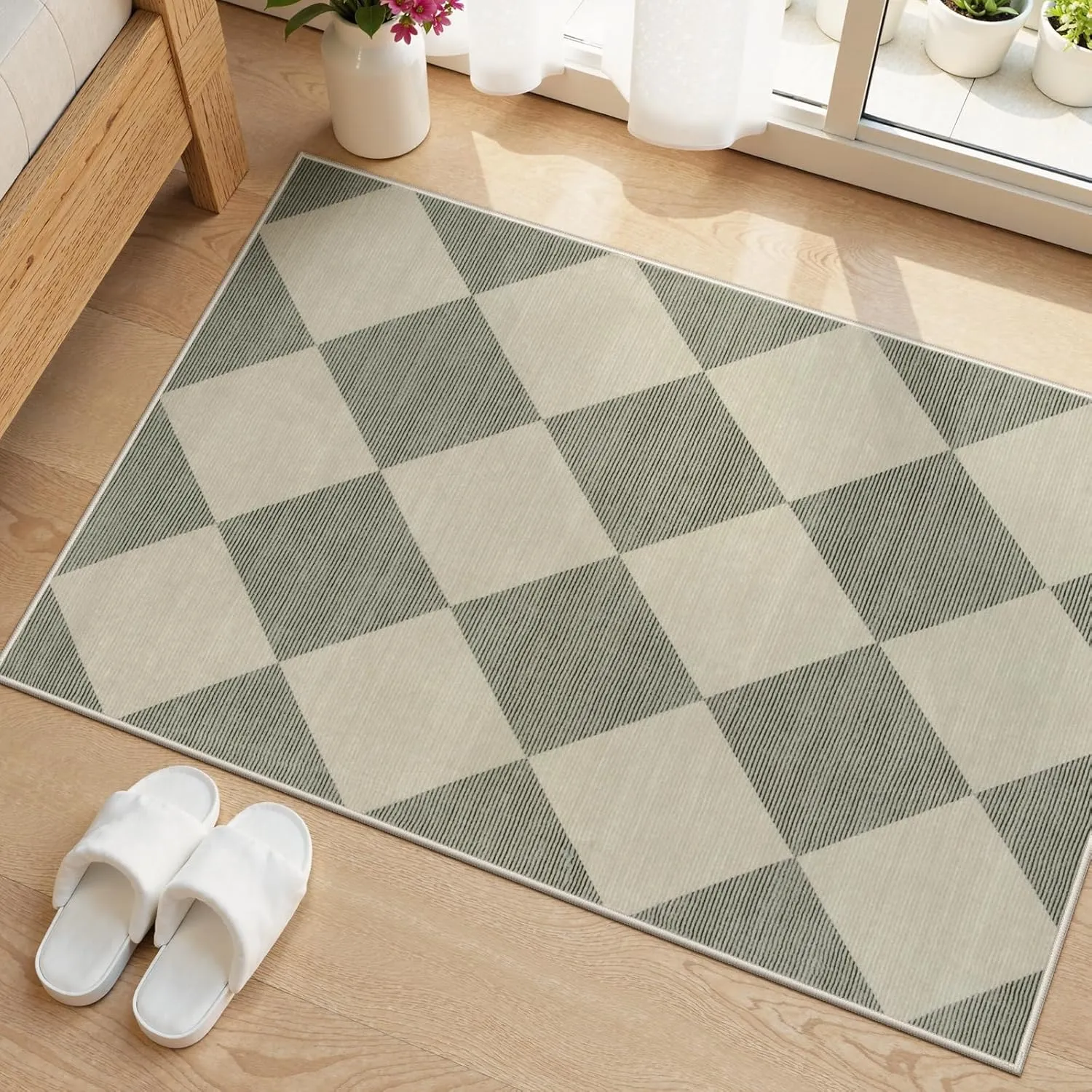 Beeiva Checkered Washable Entryway Rug 2x3, Non Slip Ultra Thin Green Front Door Mat Indoor Entrance Low Pile Small Kitchen Rug, Moroccan Neutral Throw Carpet for Bedroom Bathroom Laundry (2'x3')