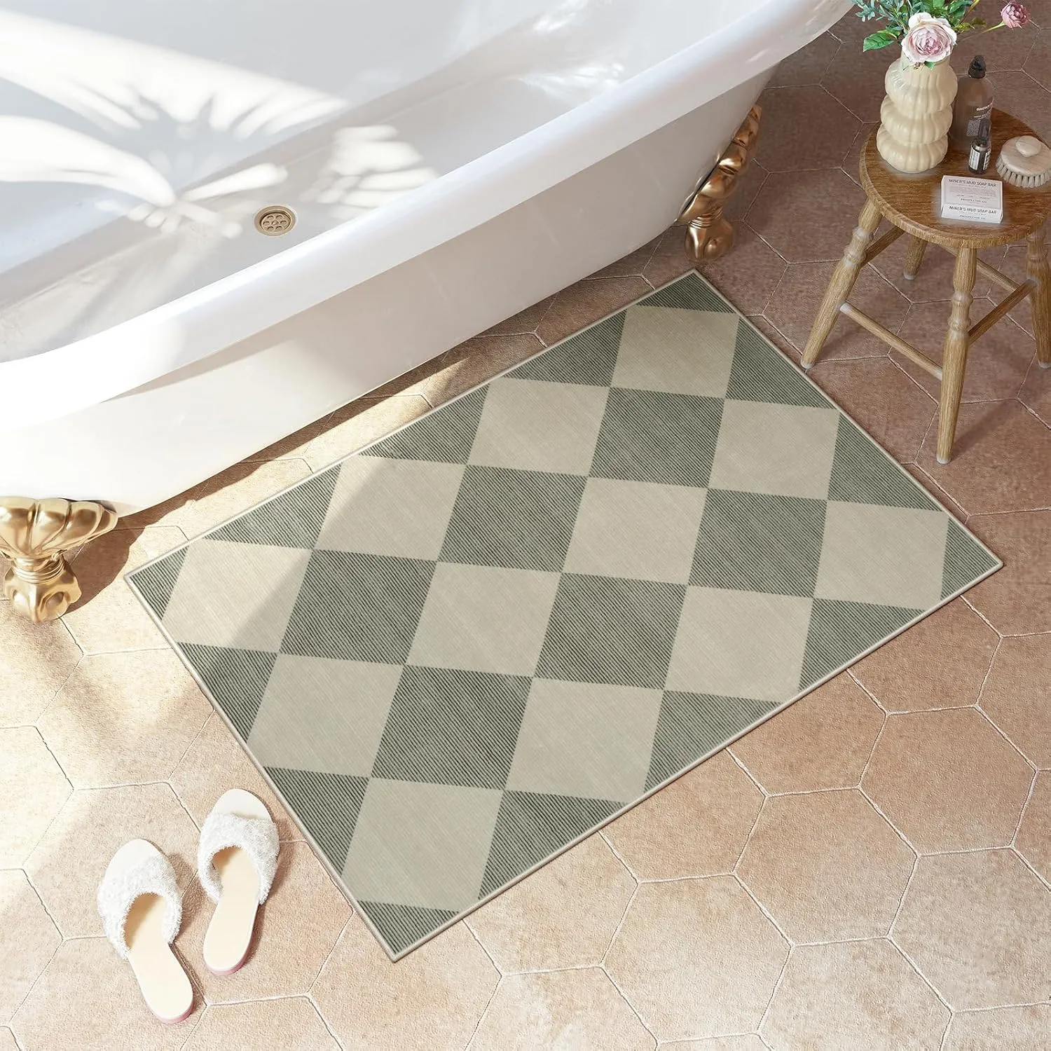 Beeiva Checkered Washable Entryway Rug 2x3, Non Slip Ultra Thin Green Front Door Mat Indoor Entrance Low Pile Small Kitchen Rug, Moroccan Neutral Throw Carpet for Bedroom Bathroom Laundry (2'x3')