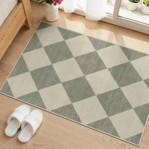 Beeiva Checkered Washable Entryway Rug 2x3, Non Slip Ultra Thin Green Front Door Mat Indoor Entrance Low Pile Small Kitchen Rug, Moroccan Neutral Throw Carpet for Bedroom Bathroom Laundry (2'x3')