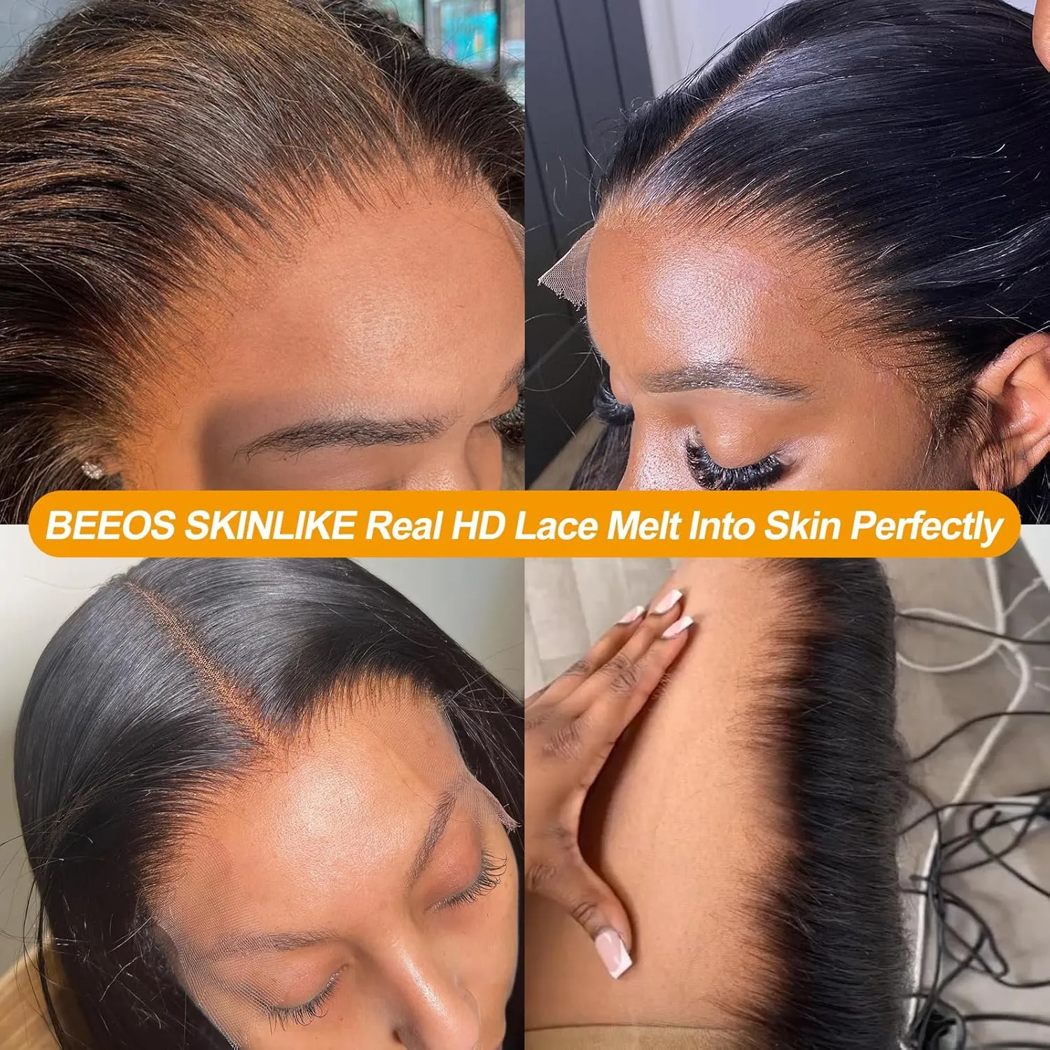 BEEOS 13x4 Full Frontal Skinlike Real HD Lace Wig 180% Density Pre Plucked Brown Mixed Blonde Balayage Human Hair Wigs Bleached Knots 24 Inch
