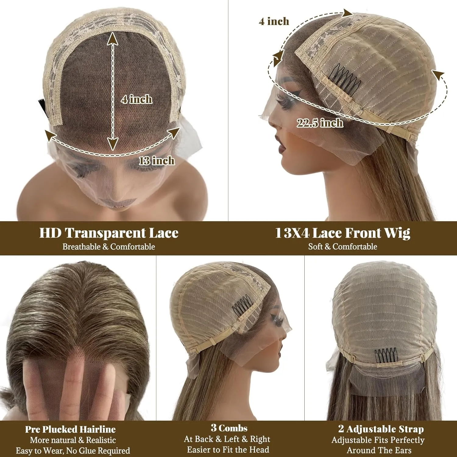 Belaved Wigs Human Hair Lace Front 13x4 Straight Highlights Chocolate Brown Mixed Ash Blonde HD Lace Frontal Wig Human Hair Pre Plucked Bleached Knots18 Inch
