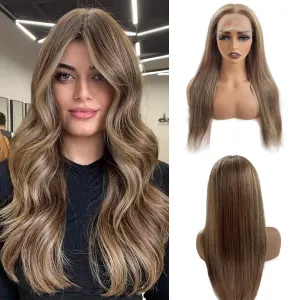 Belaved Wigs Human Hair Lace Front 13x4 Straight Highlights Chocolate Brown Mixed Ash Blonde HD Lace Frontal Wig Human Hair Pre Plucked Bleached Knots18 Inch