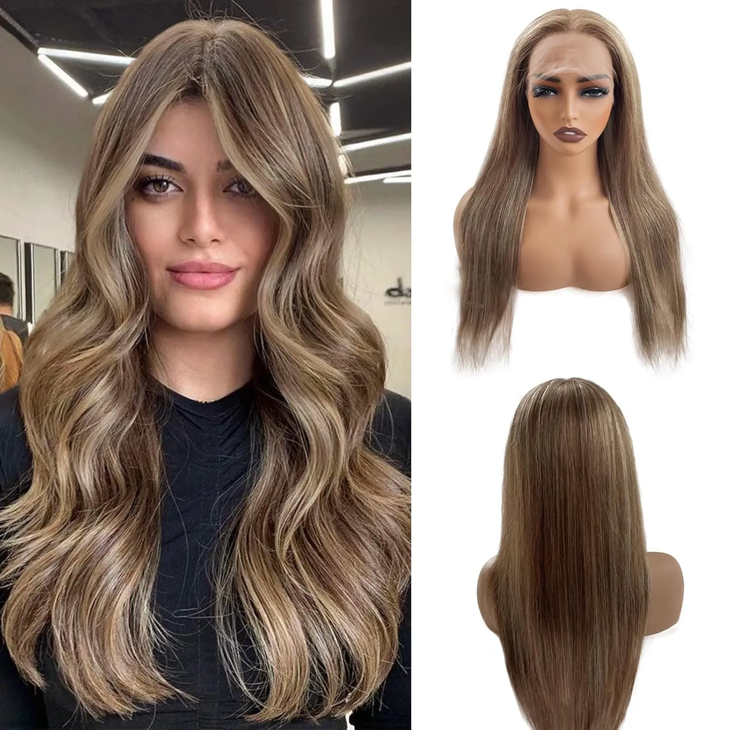Belaved Wigs Human Hair Lace Front 13x4 Straight Highlights Chocolate Brown Mixed Ash Blonde HD Lace Frontal Wig Human Hair Pre Plucked Bleached Knots18 Inch