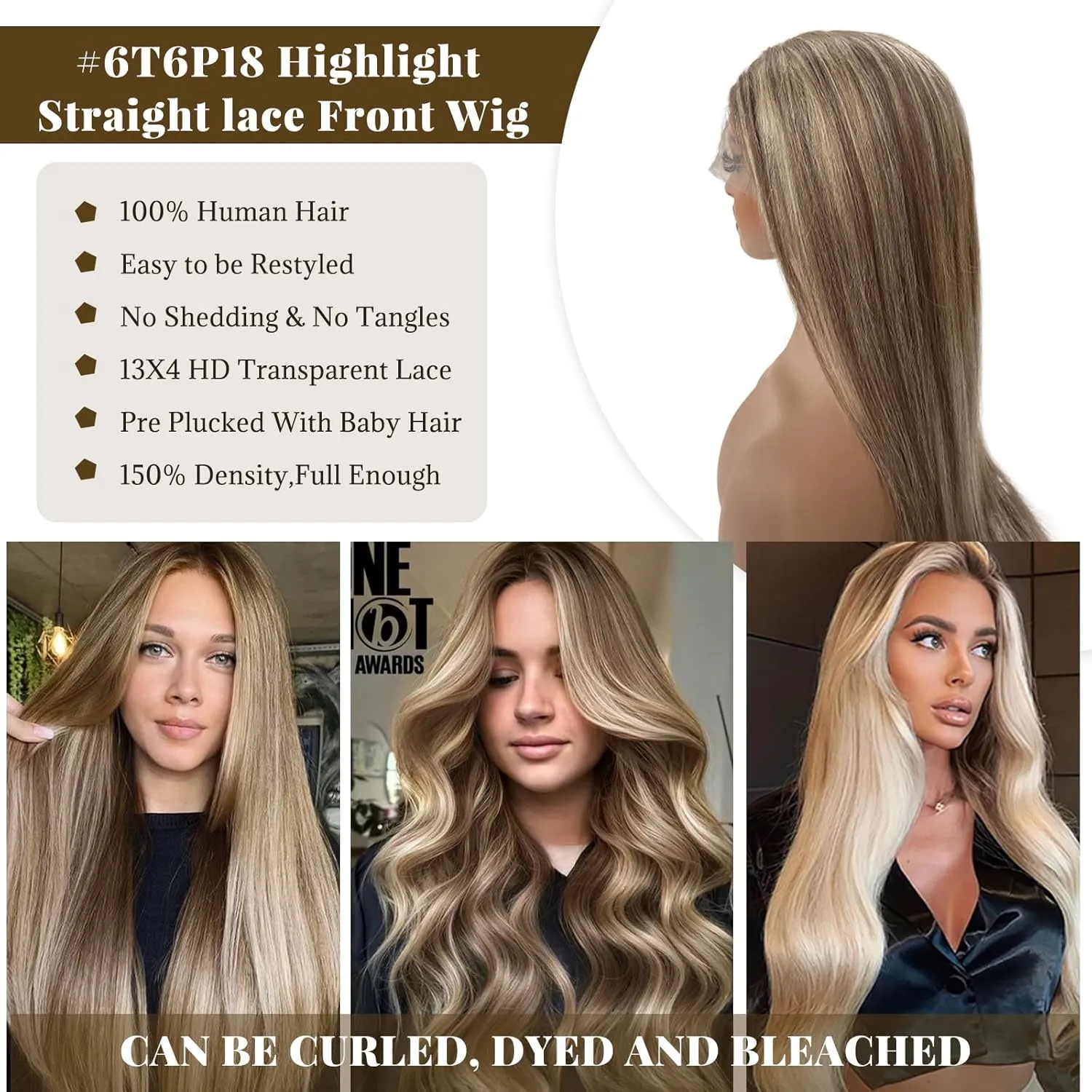 Belaved Wigs Human Hair Lace Front 13x4 Straight Highlights Chocolate Brown Mixed Ash Blonde HD Lace Frontal Wig Human Hair Pre Plucked Bleached Knots18 Inch