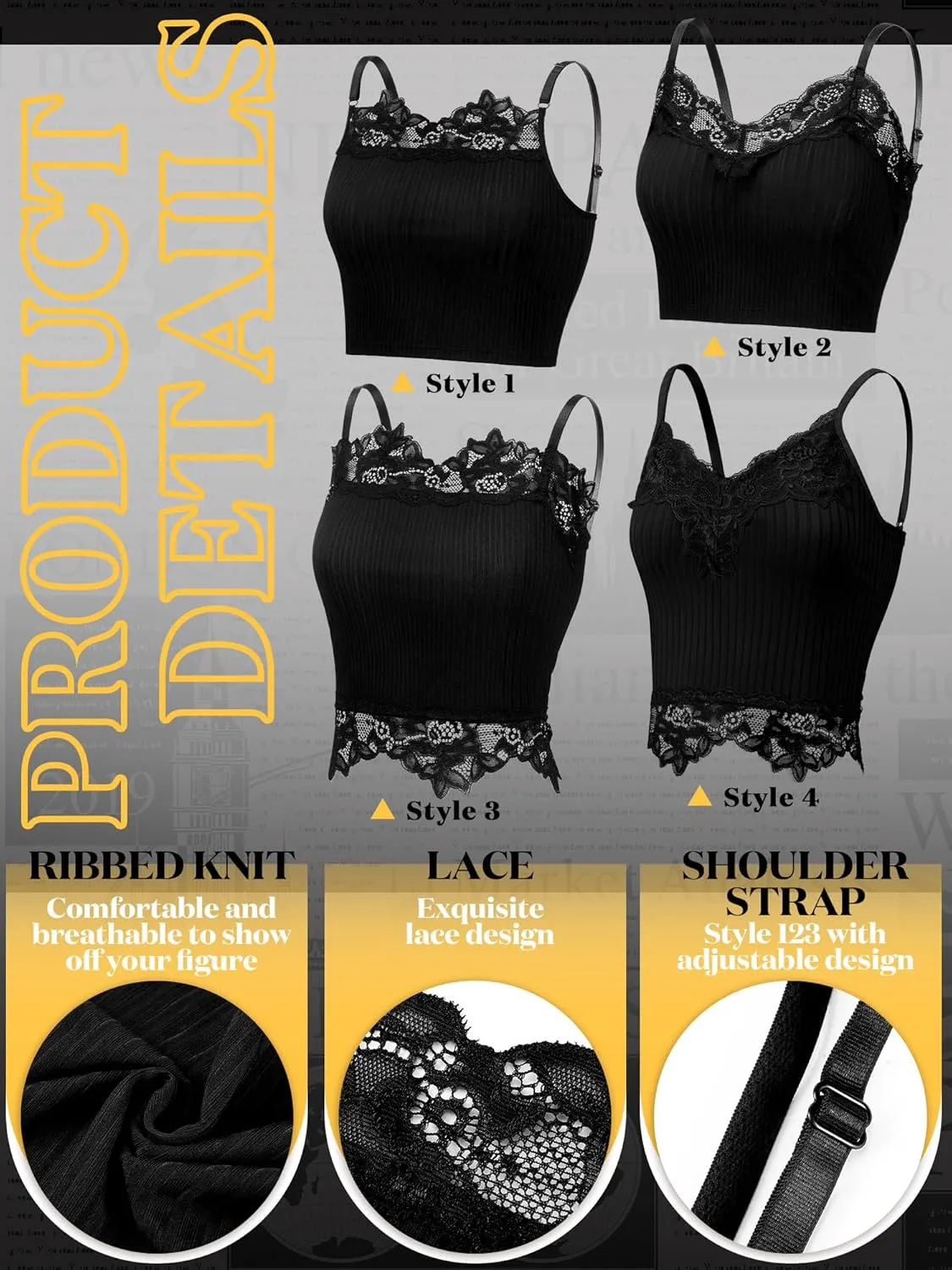 Bencailor 4 Pack Black Lace Cami Women Lace Bralette Ladies Camisoles Half Camisole Bra Adjustable Spaghetti Strap Tank Top