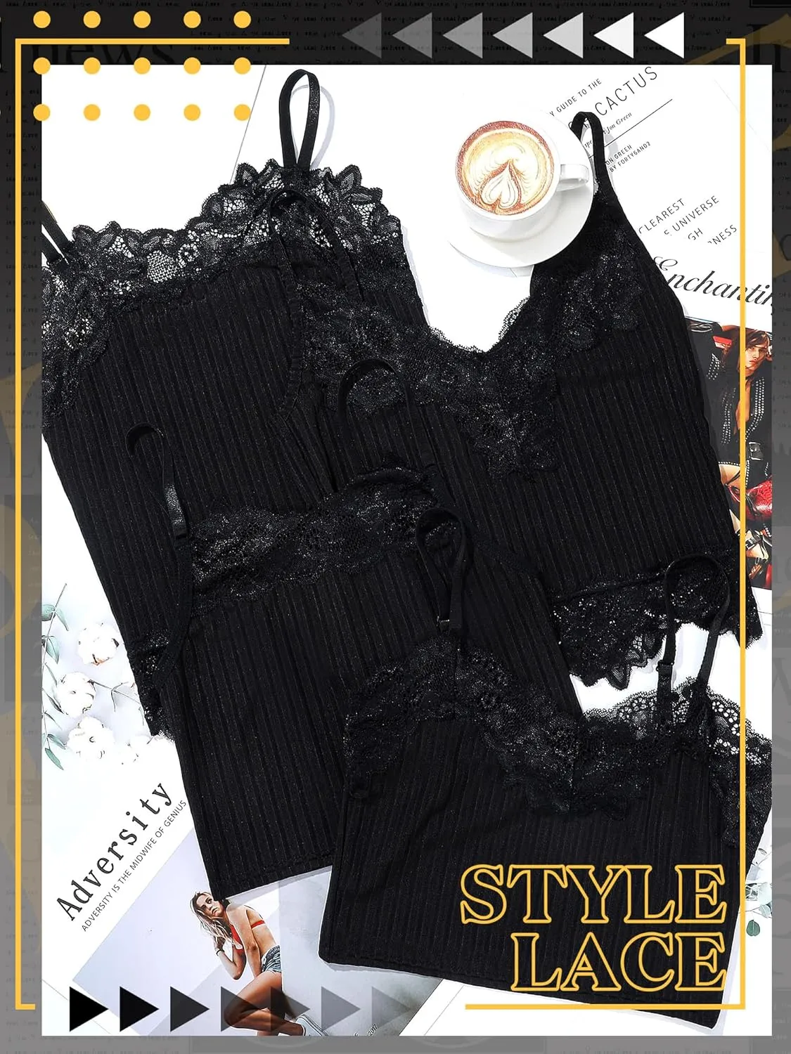 Bencailor 4 Pack Black Lace Cami Women Lace Bralette Ladies Camisoles Half Camisole Bra Adjustable Spaghetti Strap Tank Top