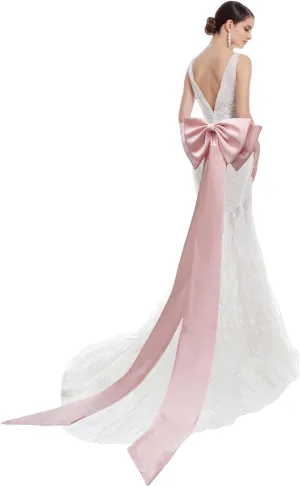 Big Bow Long Train Satin Bowknot Detachable Sweep Train Waist Sash Belt Bowknot for Wedding Formal Dress