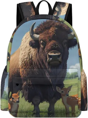 Bison And Deers Cute Backpacks 16.5 Inch With Padded Straps Printed Back Pack Daypack Laptop Bag for Travel Hiking Camping 16.5 * 12 * 6 Inch