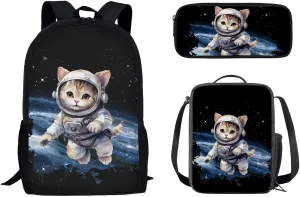 Biyejit Astronaut Cat Children Backpack School Bag Set of 3 with Lunchbox Pencil Case for Boys Girls