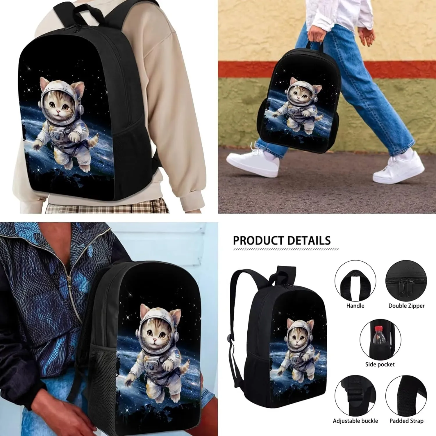 Biyejit Astronaut Cat Children Backpack School Bag Set of 3 with Lunchbox Pencil Case for Boys Girls