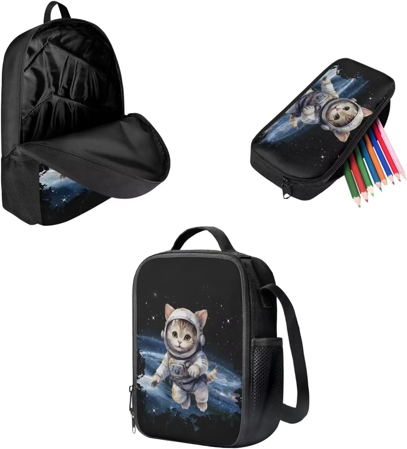 Biyejit Astronaut Cat Children Backpack School Bag Set of 3 with Lunchbox Pencil Case for Boys Girls