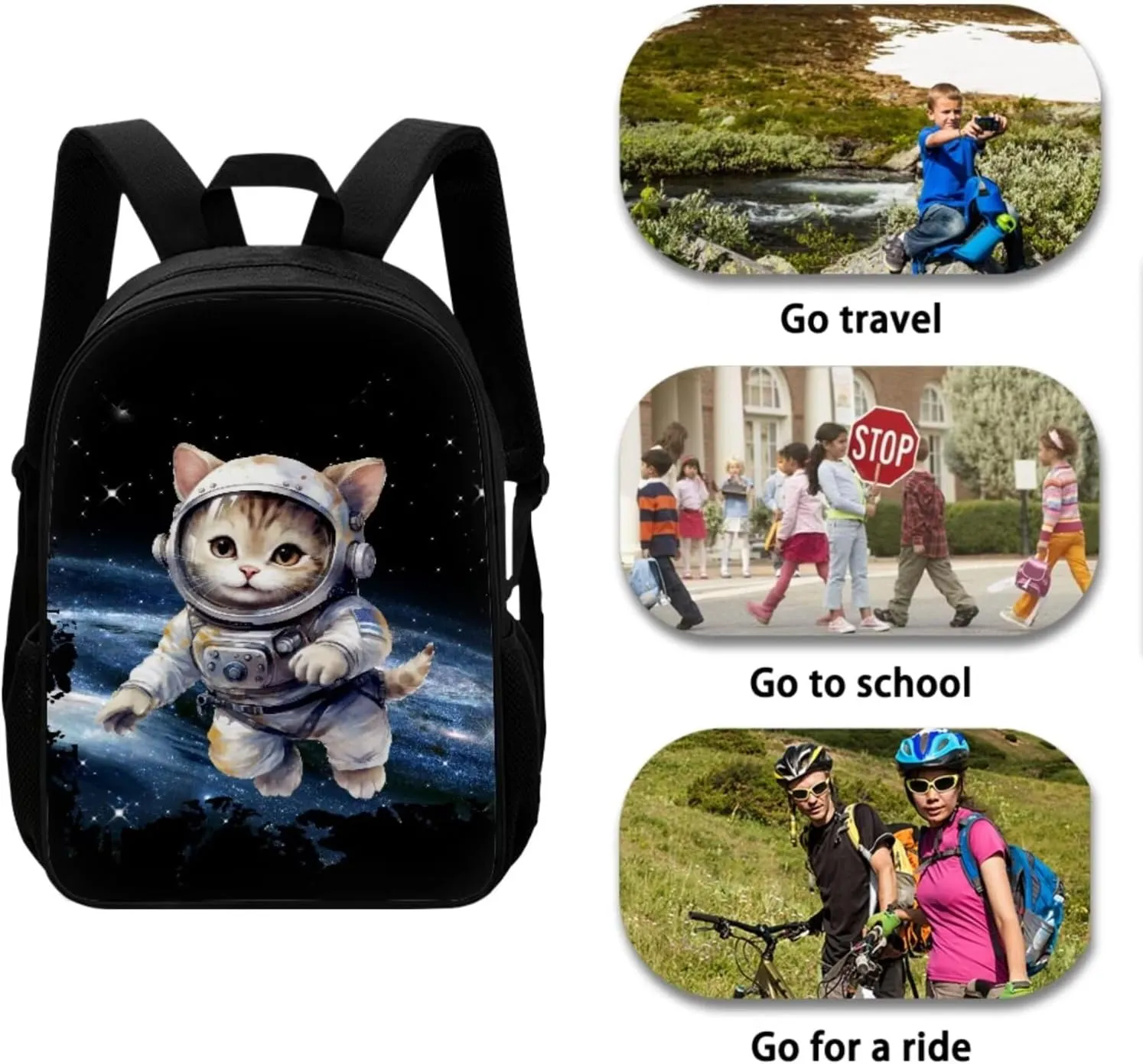 Biyejit Astronaut Cat Children Backpack School Bag Set of 3 with Lunchbox Pencil Case for Boys Girls