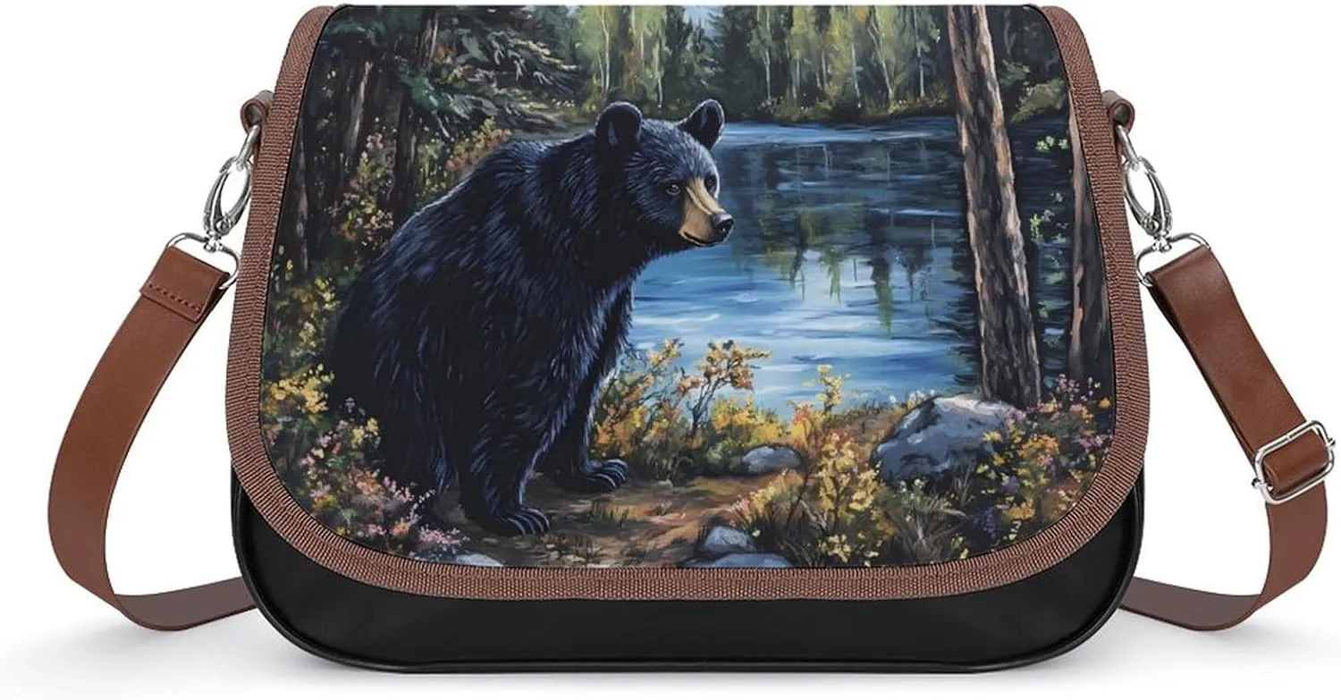 Black Bear in The Lake Fashion Crossbody Bags for Women Lightweight Shoulder Handbags Travel Purse with Strap Custom Gifts