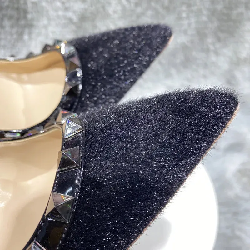 Black Hary Flock Women Rivets Eedged Pointy Toe High Heel Shoes