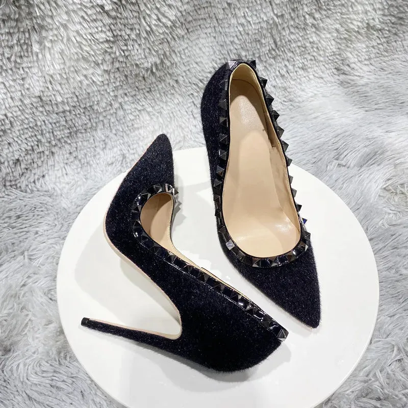 Black Hary Flock Women Rivets Eedged Pointy Toe High Heel Shoes