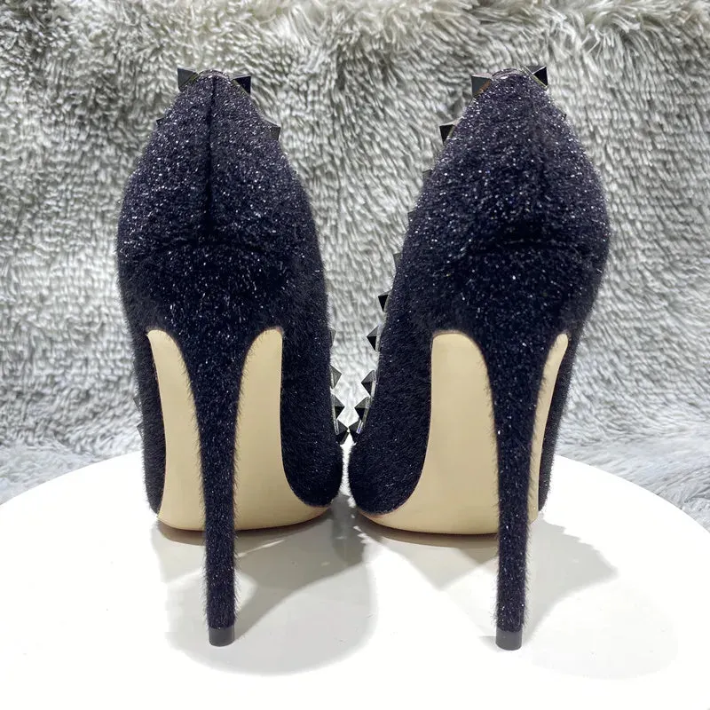 Black Hary Flock Women Rivets Eedged Pointy Toe High Heel Shoes