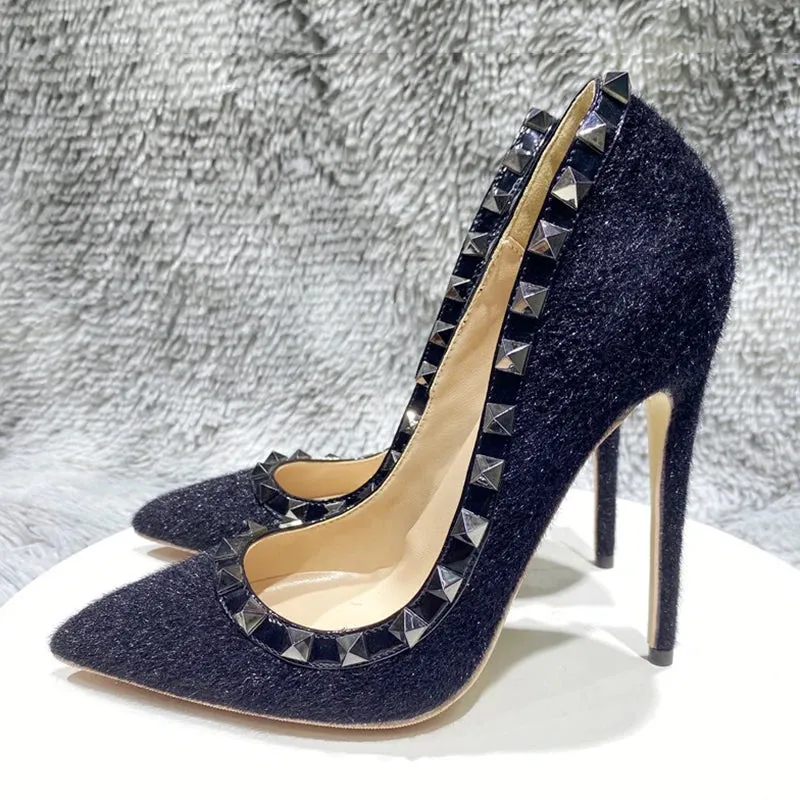 Black Hary Flock Women Rivets Eedged Pointy Toe High Heel Shoes