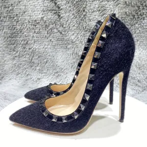 Black Hary Flock Women Rivets Eedged Pointy Toe High Heel Shoes