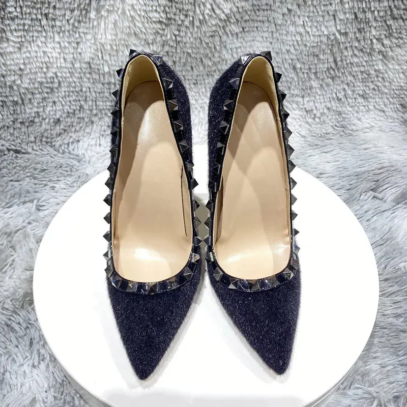 Black Hary Flock Women Rivets Eedged Pointy Toe High Heel Shoes
