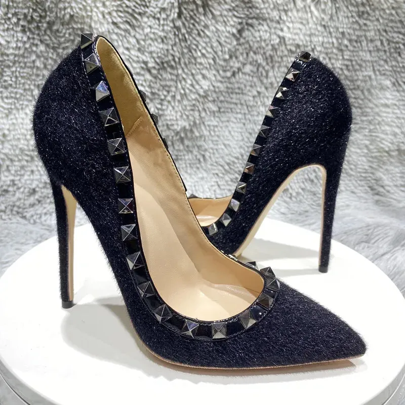 Black Hary Flock Women Rivets Eedged Pointy Toe High Heel Shoes