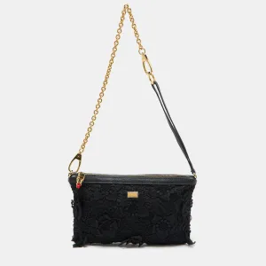Black Lace and Leather Shoulder Bag