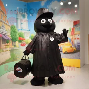 Black Momentum mascot costume character dressed with a Raincoat and Handbags, Large