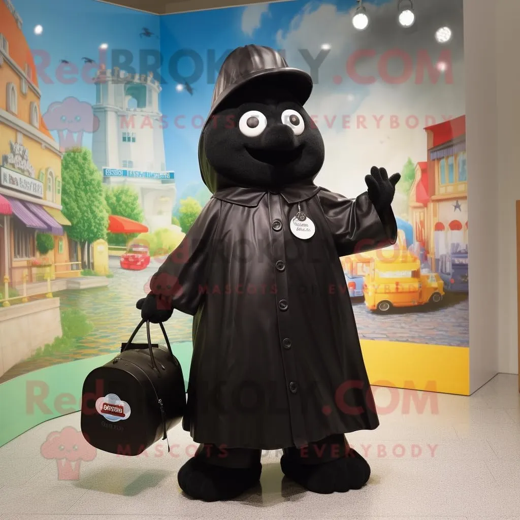 Black Momentum mascot costume character dressed with a Raincoat and Handbags, Large