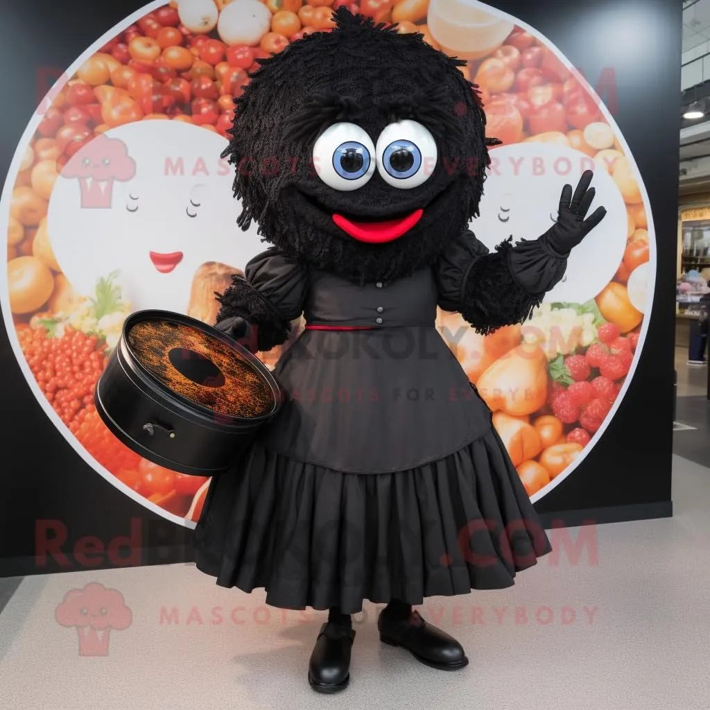 Black Paella mascot costume character dressed with a Circle Skirt and Handbags
